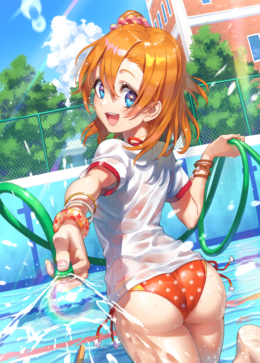 1girl :d barefoot bikini blue_eyes blue_sky bracelet clouds commentary_request dated day gym_uniform hair_ornament hair_scrunchie highres hose jewelry kousaka_honoka looking_at_viewer looking_back love_live! love_live!_school_idol_project open_mouth orange_hair outdoors scrunchie shirt short_hair side_ponytail signature sky smile soles solo star_(symbol) swimsuit teeth upper_teeth water wedo wet wet_clothes wet_shirt