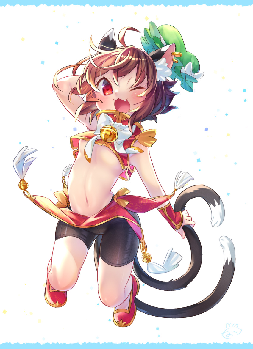 1girl ;3 animal_ear_fluff animal_ears bike_shorts breasts brown_hair cat_ears cat_tail chen chinese_clothes crop_top earrings fang full_body grabbing green_headwear hat highres ibaraki_natou jewelry looking_at_viewer medium_hair navel one_eye_closed open_mouth red_eyes red_footwear red_skirt shoes skirt sleeveless small_breasts smile solo stomach tail tail_grab touhou under_boob white_background