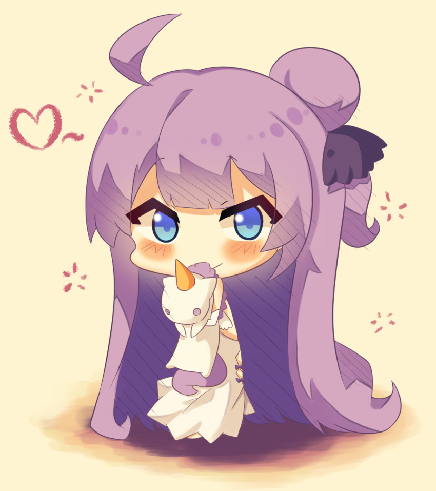 1girl ahoge azur_lane blue_eyes blush chibi closed_mouth dress full_body heart highres holding holding_stuffed_animal inkyubeiteo long_hair looking_at_viewer one_side_up purple_hair smile solo standing stuffed_animal stuffed_toy unicorn_(azur_lane) very_long_hair white_dress yellow_background