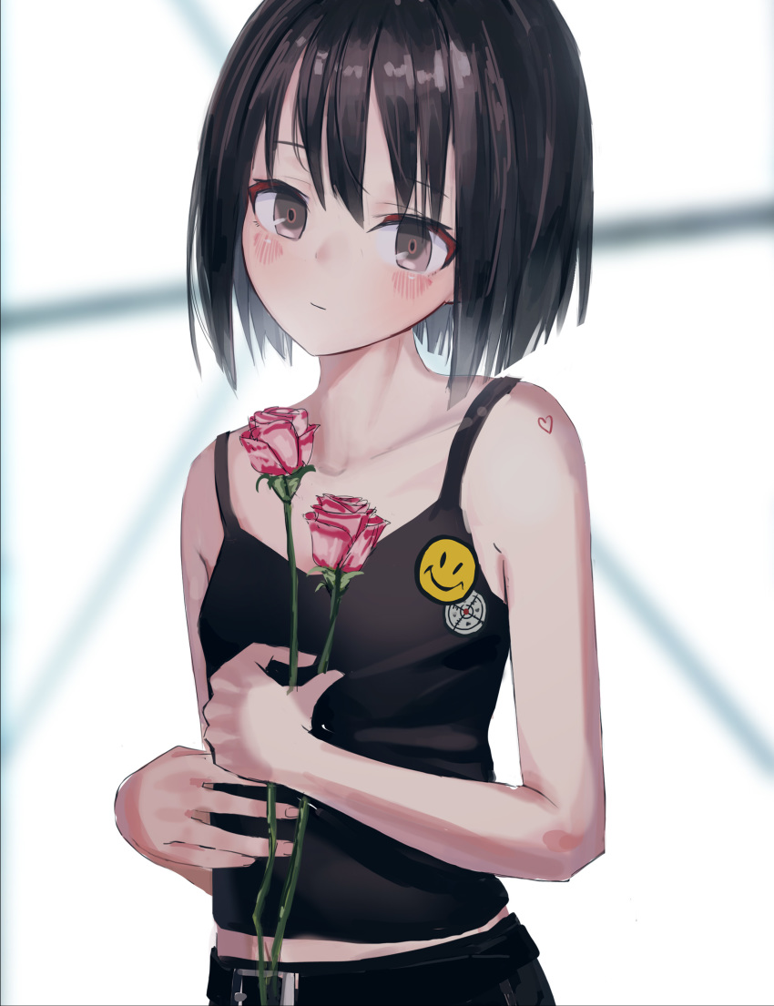 1girl absurdres belt black_belt black_camisole black_hair blurry blurry_background blush camisole closed_mouth fingernails flower grey_eyes head_tilt highres holding holding_flower looking_at_viewer nadegata original pants pin red_flower red_rose rose short_hair smiley_face solo upper_body