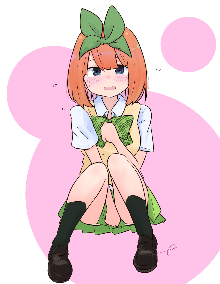 1girl bangs between_legs black_footwear black_legwear blue_eyes blush collared_shirt commentary_request covering covering_crotch eyebrows_behind_hair flying_sweatdrops full_body go-toubun_no_hanayome green_ribbon green_skirt hair_between_eyes hair_ribbon hand_between_legs highres kujou_karasuma loafers looking_at_viewer nakano_yotsuba open_mouth orange_hair panties pink_background pleated_skirt ribbon shirt shoes short_sleeves signature sitting skirt socks solo sweat sweater_vest two-tone_background underwear white_background white_panties white_shirt