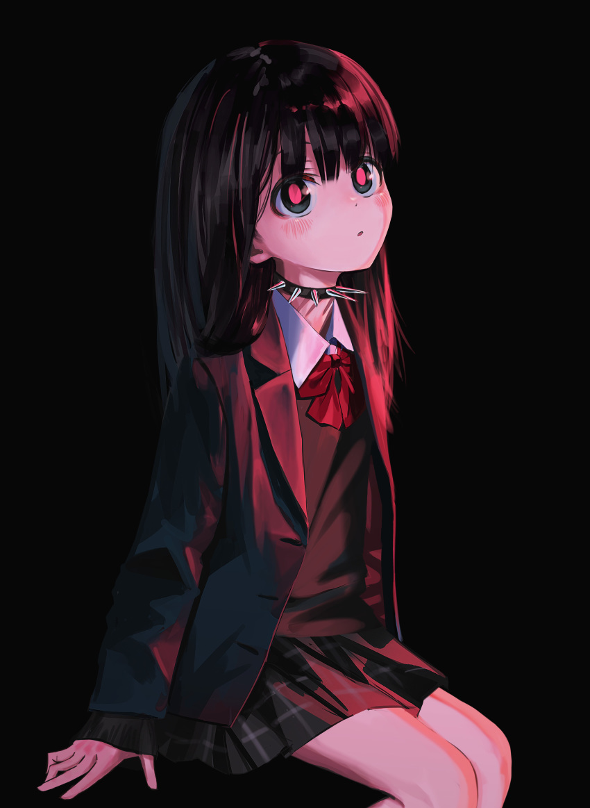 1girl absurdres black_background black_eyes black_hair black_jacket black_skirt black_vest collar collared_shirt from_side highres invisible_chair jacket long_hair looking_at_viewer looking_to_the_side nadegata original parted_lips pleated_skirt red_pupils school_uniform shirt simple_background sitting skirt solo spiked_collar spikes vest white_shirt wing_collar