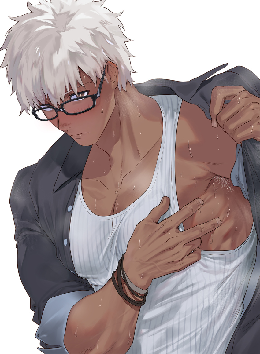 1boy alternate_costume alternate_hairstyle archer armpit_hair bara blush bracelet brown_eyes chest dark_skin dark_skinned_male fate/stay_night fate_(series) glasses haiki_(tegusu) highres jewelry male_focus muscle sleeves_rolled_up solo sweat tank_top undressing white_hair