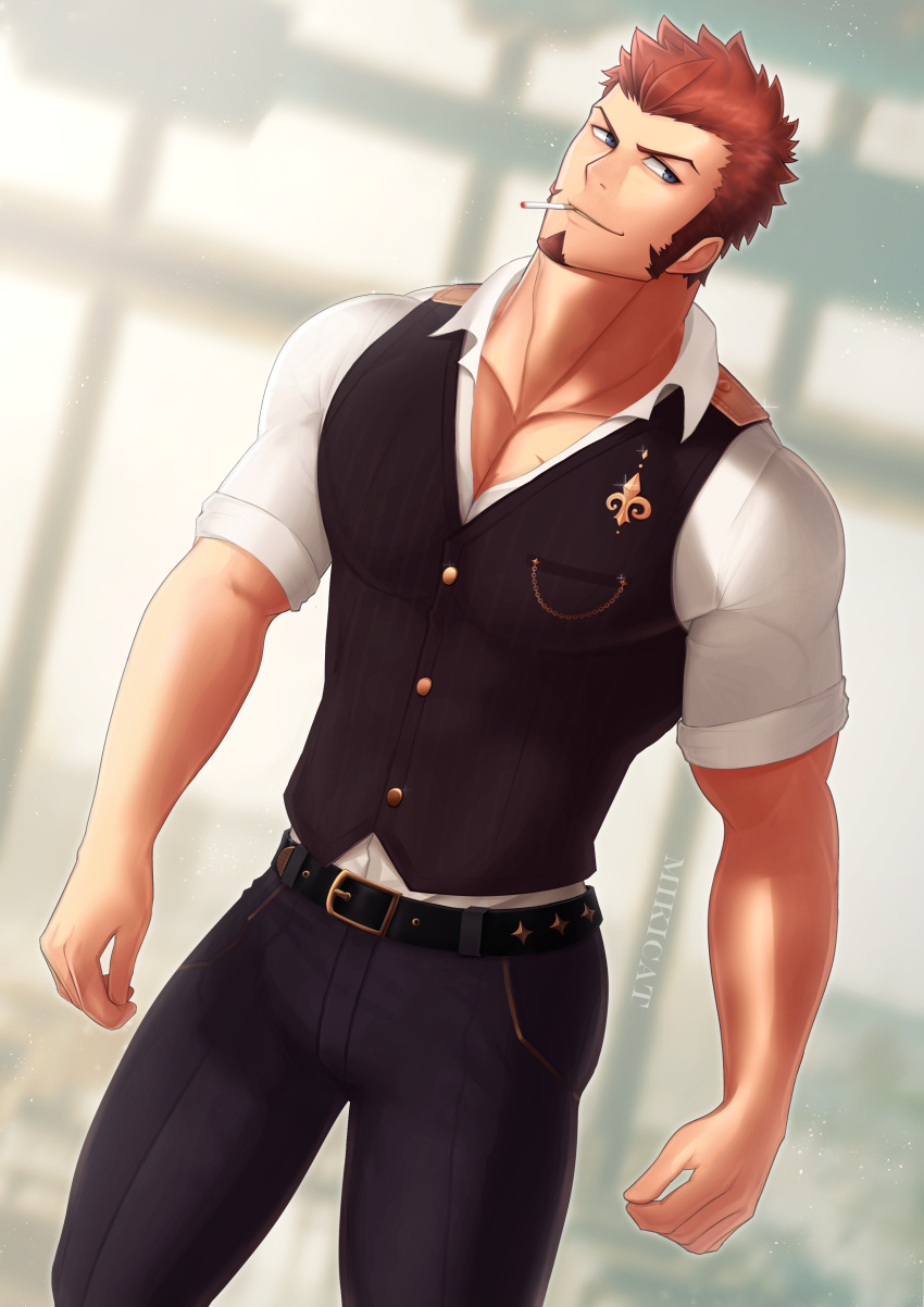 1boy absurdres alternate_costume bara beard belt blue_eyes brown_hair chest cigarette facial_hair fate/grand_order fate_(series) highres long_sleeves male_focus mikicat0824 muscle napoleon_bonaparte_(fate/grand_order) pants pectorals scar simple_background smile solo uniform upper_body