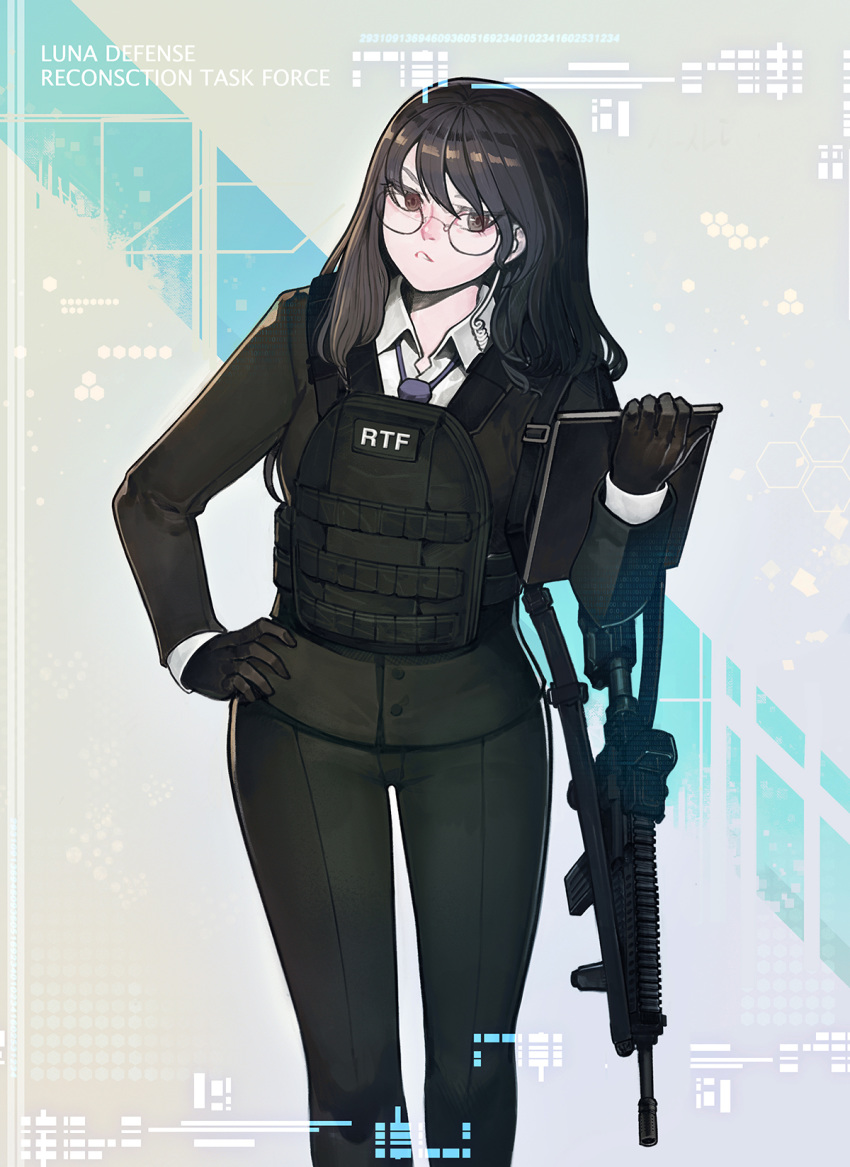 1girl assault_rifle bangs black_gloves black_headwear black_jacket black_pants black_suit brown_eyes bulletproof_vest collar collared_shirt commentary_request english_commentary english_text formal frown gloves grey_background grey_neckwear gun hair_between_eyes hand_on_hip highres jacket korean_commentary long_hair long_sleeves looking_at_viewer neckwear original panda8581 pants parted_lips partial_commentary rifle scope shirt simple_background solo standing strap suit vest weapon white_shirt