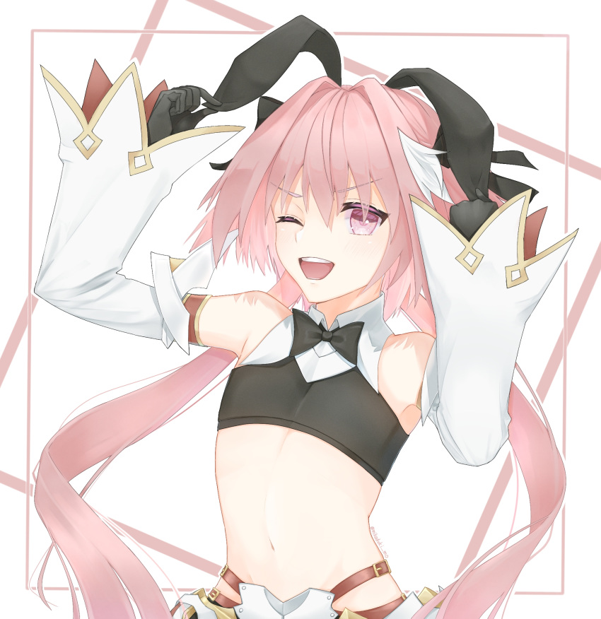 1boy ;d animal_ears artist_name astolfo_(fate) astolfo_(saber)_(fate) bangs bare_shoulders black_bow black_gloves black_headwear bow commentary_request detached_sleeves eyebrows_visible_through_hair fake_animal_ears fate/grand_order fate_(series) gloves highres long_hair low_twintails midriff mizuki_(s0511) multicolored_hair navel one_eye_closed open_mouth otoko_no_ko pink_eyes pink_hair rabbit_ears simple_background smile solo streaked_hair teeth twintails upper_body white_hair wing_collar