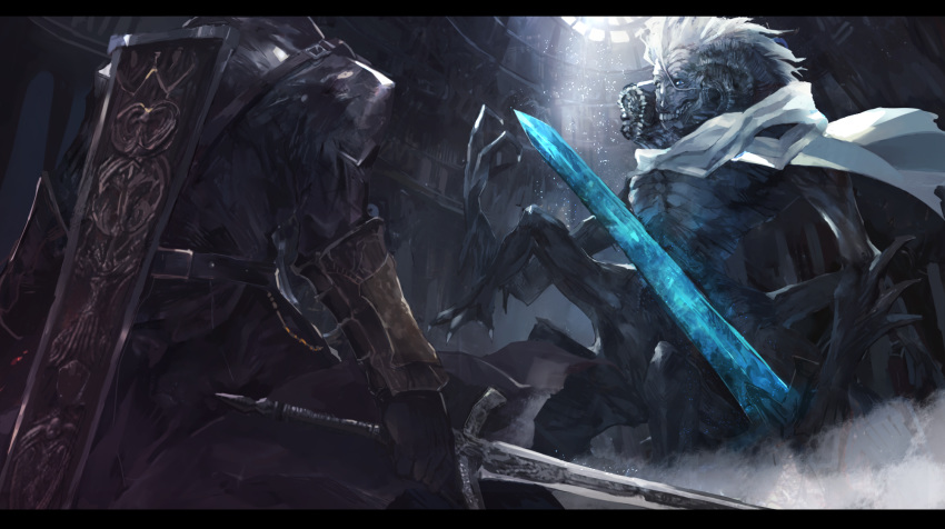 1boy belt black_belt black_coat black_gloves bloodborne coat commentary_request dark duel extra_legs facing_away gloves glowing glowing_sword glowing_weapon greatsword head_out_of_frame highres holding holding_sword holding_weapon hunter_(bloodborne) light light_particles light_rays looking_at_another ludwig_the_accursed medium_hair mono_(jdaj) monster open_mouth scabbard scarf sheath shoulder_strap sword teeth upper_body vambraces weapon white_hair white_neckwear white_scarf