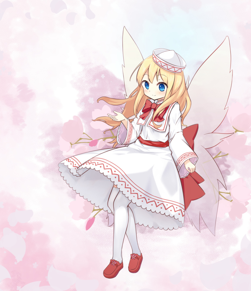 1girl bangs blonde_hair blue_eyes bow bowtie cherry_blossoms dress eyebrows_visible_through_hair fairy_wings full_body hat highres hino_(yuruyurukoubou) lily_white loafers long_hair long_sleeves red_bow red_footwear shoes sidelocks solo thigh-highs touhou white_legwear wings