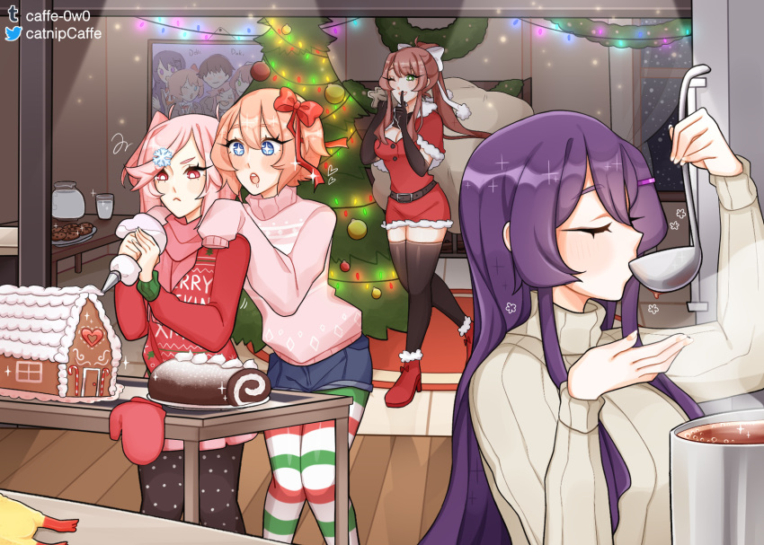 +_+ 4girls :&lt; :o bangs beige_sweater belt black_gloves black_legwear blue_eyes bow brown_hair caffe0w0 capelet casual christmas christmas_tree closed_eyes clothes_writing commentary cookie cooking doki_doki_literature_club elbow_gloves english_commentary finger_to_mouth food gloves green_eyes hair_between_eyes hair_bow hair_ornament hair_ribbon hairclip hands_on_another's_shoulders highres icing indoors ladle legwear_under_shorts long_hair long_sleeves milk monika_(doki_doki_literature_club) multiple_girls natsuki_(doki_doki_literature_club) pantyhose pastry pink_eyes pink_hair pink_scarf pink_sweater ponytail purple_hair red_bow red_sweater ribbed_sweater ribbon sack santa_costume santa_dress sayori_(doki_doki_literature_club) scarf short_hair short_shorts shorts shushing sleeves_past_fingers sleeves_past_wrists snowflake_hair_ornament steam striped striped_legwear sweater swept_bangs table tasting thigh-highs turtleneck turtleneck_sweater white_ribbon wooden_floor yuri_(doki_doki_literature_club)