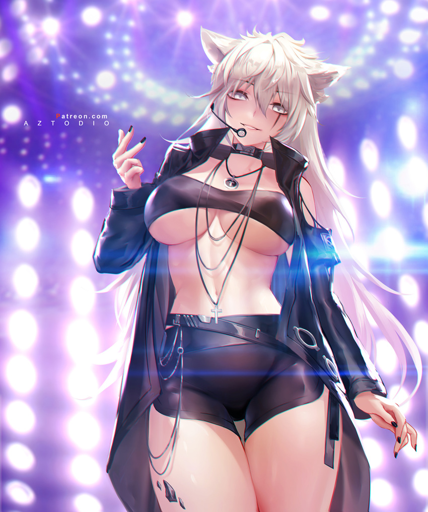 1girl animal_ears arknights azto_dio bandeau bangs belt black_jacket black_nails black_shorts breasts cowboy_shot cross cross_necklace eyebrows_visible_through_hair grey_eyes hair_between_eyes hand_up headset highres jacket jewelry lappland_(arknights) long_hair long_sleeves looking_at_viewer midriff navel necklace oripathy_lesion_(arknights) parted_lips scar scar_across_eye shorts sidelocks silver_hair smile solo stomach thighs wolf_ears