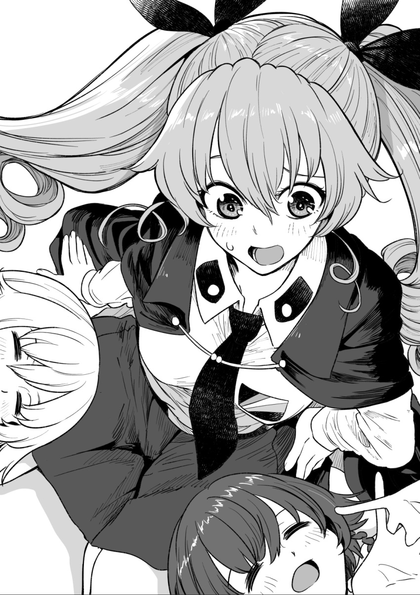 3girls anchovy_(girls_und_panzer) arm_support black_neckwear blush bonkara_(sokuseki_maou) braid cape carpaccio_(girls_und_panzer) closed_eyes girls_und_panzer greyscale hair_between_eyes hand_on_hip highres interlocked_fingers lap_pillow monochrome multiple_girls open_mouth pepperoni_(girls_und_panzer) short_braid short_hair side_braid stretch sweatdrop white_background