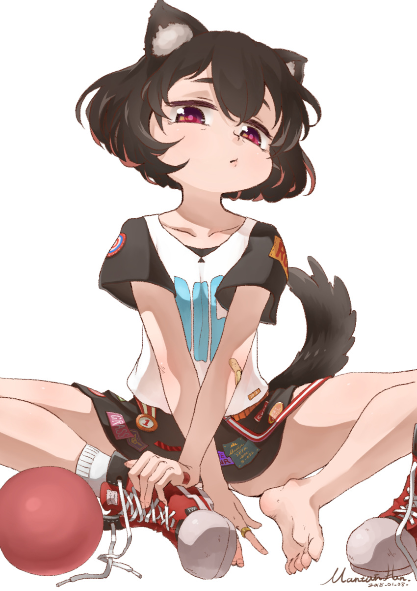 1girl animal_ears ball bandaid bandaid_on_elbow bandaid_on_hand barefoot black_hair black_skirt child chinese_zodiac closed_mouth clothes_writing dated dog_ears dog_tail fingernails head_tilt highres indian_style jewelry looking_at_viewer mountain_han original pink_pupils raglan_sleeves red_eyes red_footwear ring sharp_toenails shirt shoe_removed shoes short_hair short_sleeves signature simple_background sitting skirt soles solo tail toenails white_background white_shirt year_of_the_dog