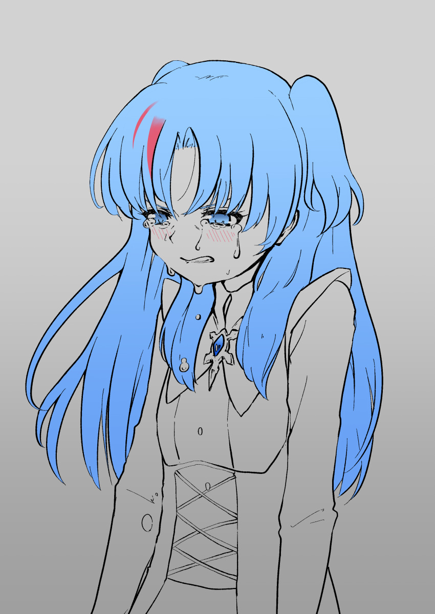 1girl absurdres blue_hair brooch chtholly_nota_seniorious crying flat_chest grey_background highres jewelry long_hair long_sleeves mountain_han multicolored_hair simple_background solo spot_color streaked_hair tears two_side_up upper_body