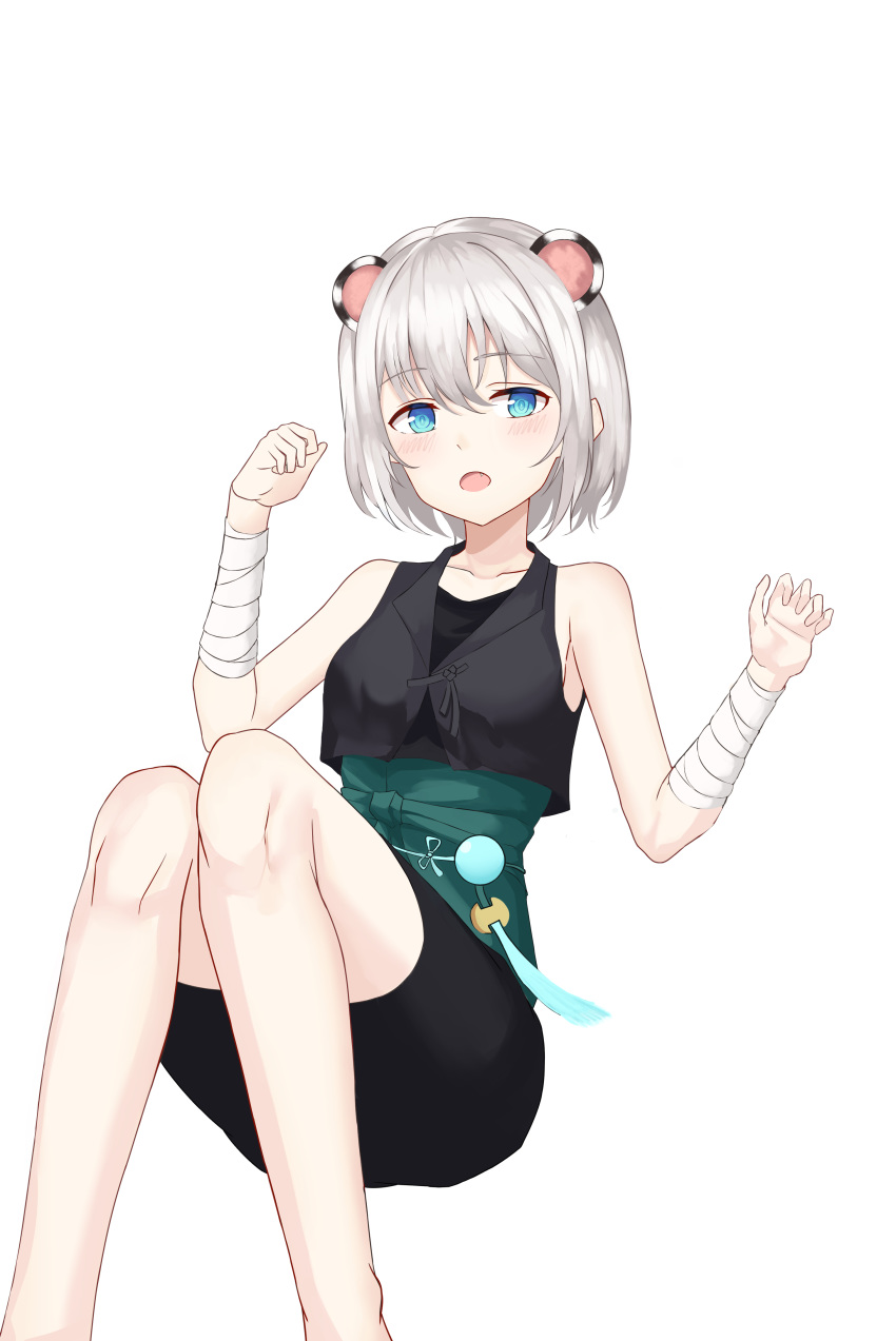 1girl absurdres animal_ears bandaged_arm bandages bare_legs bare_shoulders black_shirt black_shorts blue_eyes crop_top crop_top_overhang fang feet_out_of_frame hands_up highres looking_at_viewer maplestory muyang open_mouth shirt short_hair shorts silver_hair simple_background sleeveless sleeveless_shirt solo undershirt white_background