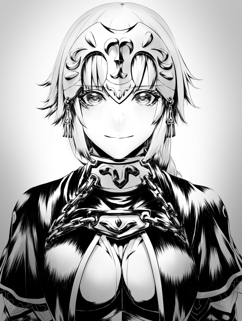 1girl bangs braid breasts chain closed_mouth eyebrows_visible_through_hair fate/apocrypha fate/grand_order fate_(series) greyscale headpiece highres jeanne_d'arc_(fate) jeanne_d'arc_(fate)_(all) large_breasts long_braid looking_at_viewer monochrome mugetsu2501 single_braid smile