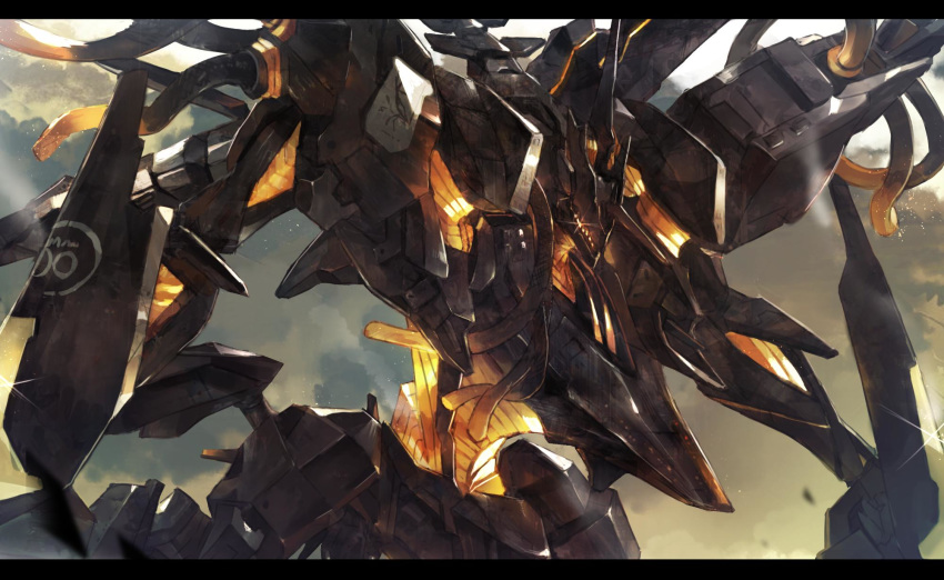 armored_core armored_core:_verdict_day cable clouds cloudy_sky commentary_request flying glowing glowing_eye highres insignia machinery mecha military mono_(jdaj) n-wgix/v no_humans outdoors science_fiction sky solo upper_body yellow_eyes