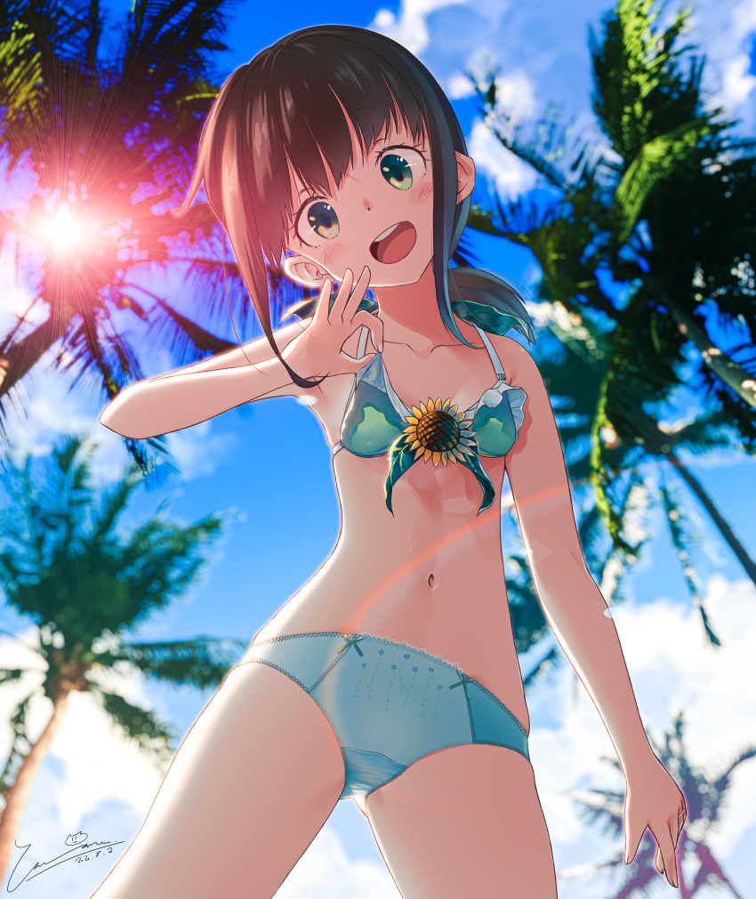 1girl absurdres bikini black_hair blue_sky breasts clouds commentary_request cowboy_shot day flower fubuki_(kantai_collection) green_bikini green_eyes green_panties highres kantai_collection long_hair looking_at_viewer low_ponytail outdoors palm_tree panties ponytail short_ponytail sidelocks signature sky small_breasts smile solo sunflower swimsuit tree underwear yamashiro_kogane
