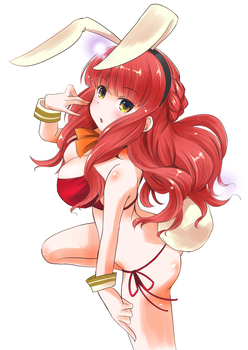 1girl absurdres animal_ears ascot bangs bikini blunt_bangs braid bunny_girl bunny_tail commentary_request cowboy_shot de_ruyter_(kantai_collection) highres kantai_collection long_hair looking_at_viewer orange_neckwear rabbit_ears red_bikini redhead side-tie_bikini side_braid simple_background solo standing standing_on_one_leg swimsuit tail taisinkoku thong thong_bikini white_background wrist_cuffs