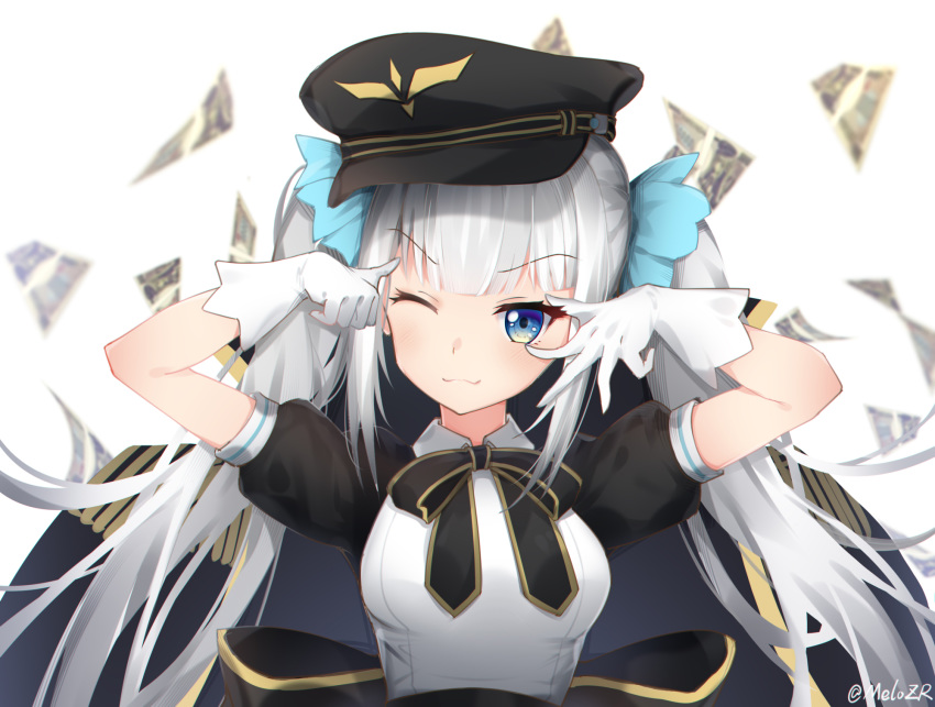 blue_eyes breasts gloves grey_hair hat highres kagura_mea kagura_mea_channel long_hair military military_jacket money one_eye_closed portrait silver_hair simple_background teallysky twintails twitter_username virtual_youtuber white_background white_gloves