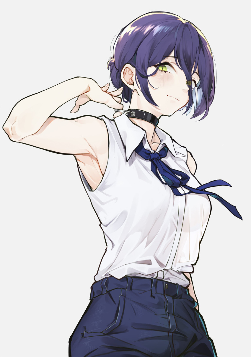 1girl absurdres armpits bangs bare_arms bare_shoulders black_collar blue_ribbon blue_shorts blush breasts chainsaw_man closed_mouth collar collared_shirt dpea9 dress_shirt eyebrows_visible_through_hair eyes_visible_through_hair green_eyes grey_background hair_between_eyes hand_up highres neck_ribbon purple_hair reze_(chainsaw_man) ribbon see-through_silhouette shirt shorts simple_background sleeveless sleeveless_shirt small_breasts smile solo white_shirt