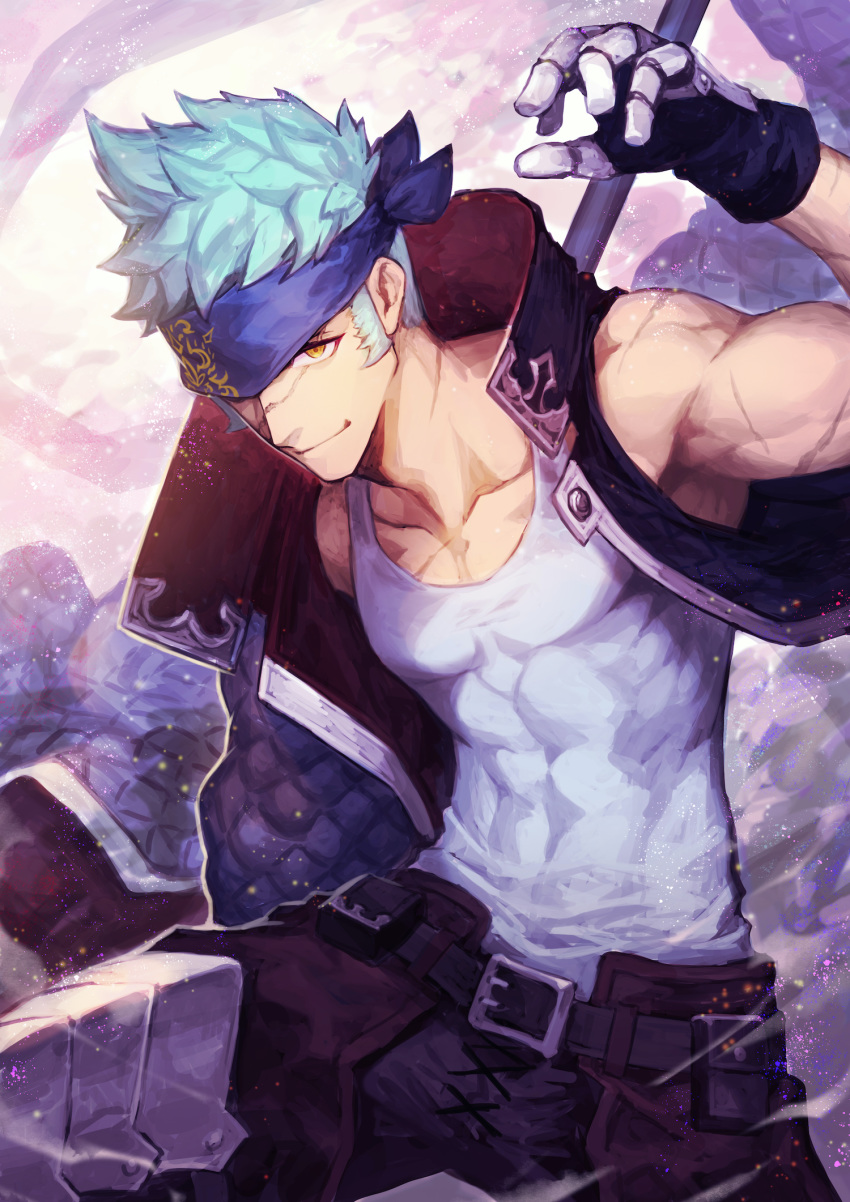 1boy belt belt_buckle buckle character_request closed_mouth collarbone commentary_request facial_scar headband highres light_blue_hair light_smile looking_at_viewer male_focus muscle nakamura_eight nose_scar puzzle_&amp;_dragons scar shirt sleeveless sleeveless_shirt yellow_eyes