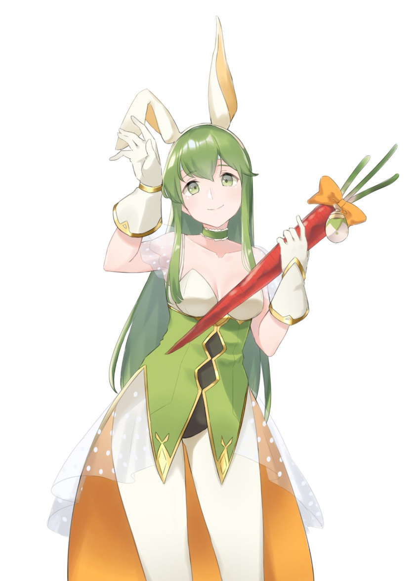 1girl animal_ears closed_mouth fake_animal_ears fire_emblem fire_emblem:_mystery_of_the_emblem fire_emblem_heroes gloves green_eyes green_hair highres holding leotard long_hair palla_(fire_emblem) rabbit_ears ruis_bacon simple_background smile solo white_background white_gloves white_legwear