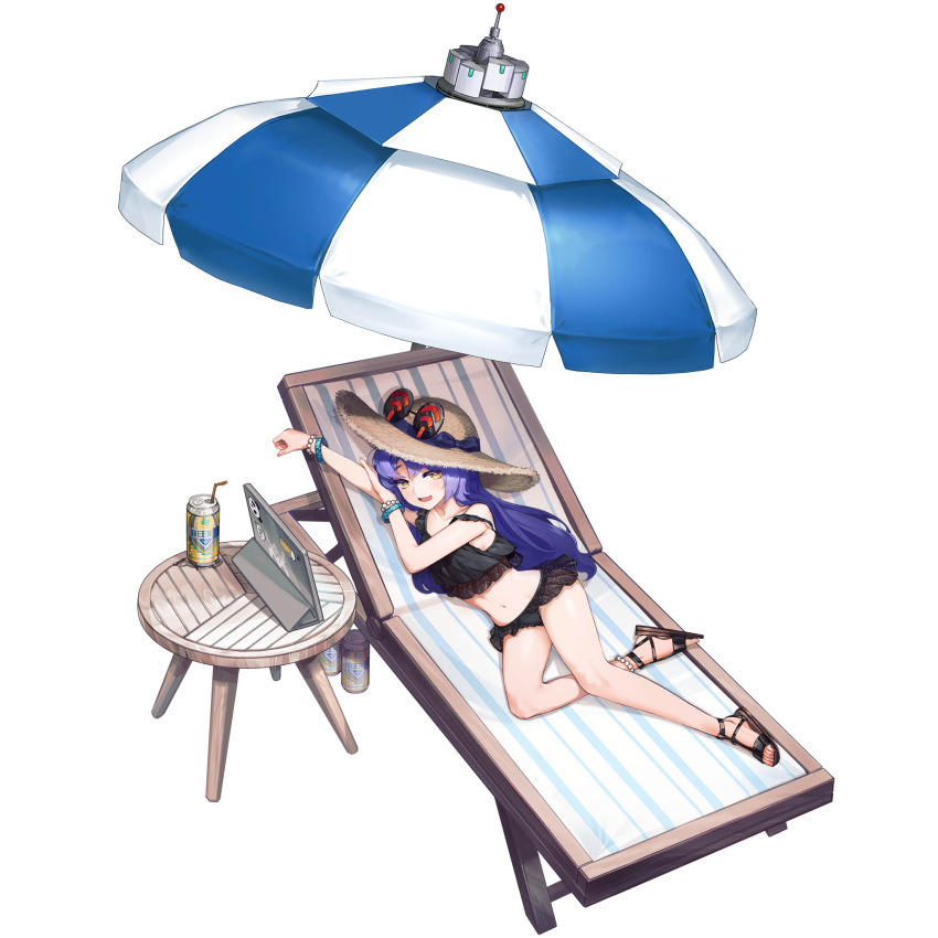 1girl alcohol beer beer_can bikini black_swimsuit blue_hair blush bumcha can connector_yumi deck_chair drinking_straw eyewear_on_headwear full_body hat highres last_origin long_hair looking_at_viewer navel open_mouth sandals smile solo sun_hat sunglasses swimsuit table tablet_pc tachi-e umbrella yellow_eyes