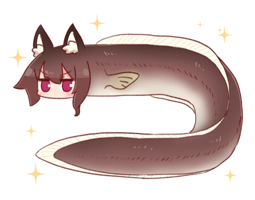 1girl animal animal_ear_fluff animal_ears animalization bangs blush brown_hair commentary_request eel eyebrows_visible_through_hair fox_ears full_body hair_between_eyes kemomimi-chan_(naga_u) long_hair looking_at_viewer naga_u original red_eyes sidelocks simple_background solo sparkle v-shaped_eyebrows white_background