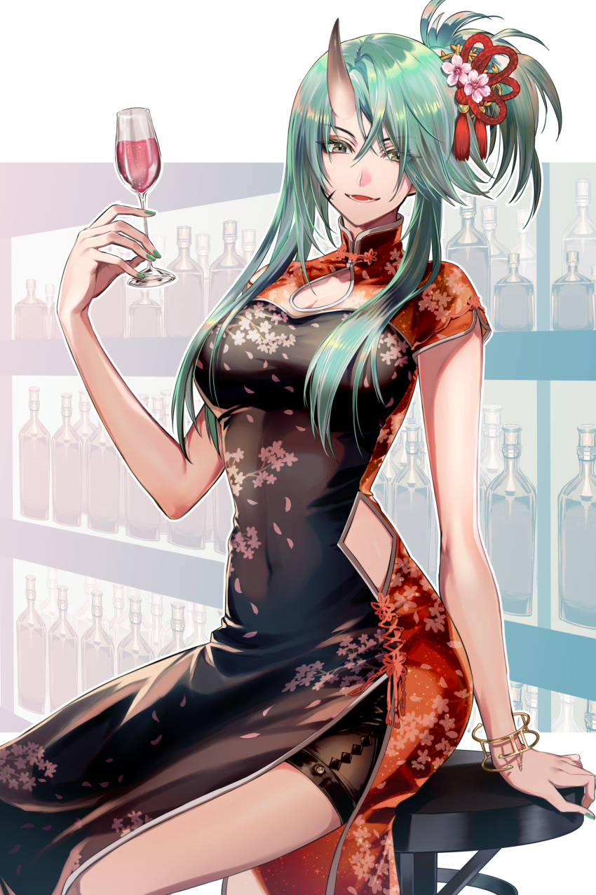 1girl :d absurdres arknights bangs black_shorts breasts china_dress chinese_clothes cleavage_cutout cup dress floral_print green_hair green_nails hair_between_eyes hair_ornament highres holding holding_cup horns hoshiguma_(arknights) large_breasts long_hair looking_at_viewer oni_horns open_mouth pelvic_curtain ponytail sanbabasanba shorts side_cutout sidelocks single_horn sitting smile solo stool two-tone_dress