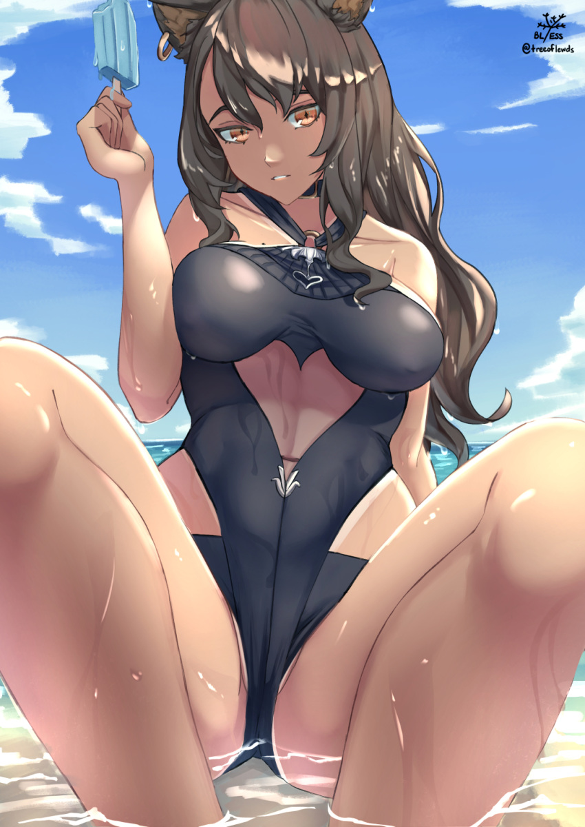 1girl animal_ears arknights bangs bare_shoulders bl/ess black_swimsuit breasts brown_eyes brown_hair cat_ears day food hair_between_eyes highres holding holding_food long_hair looking_at_viewer mole mole_on_breast outdoors parted_lips shiny shiny_skin sidelocks sitting skyfire_(arknights) solo swimsuit tan thighs wavy_hair wet