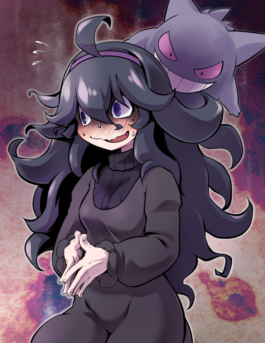 1girl @_@ ahoge bangs behind_another black_dress black_hair blush commentary_request dress embarrassed flying_sweatdrops gen_1_pokemon gengar ghost grin hair_ornament hairband hex_maniac_(pokemon) highres long_hair long_sleeves looking_at_another looking_to_the_side messy_hair nose_blush npc_trainer open_mouth own_hands_together pokemon pokemon_(creature) purple_hairband purple_sclera ribbed_sweater smile spiral_eyes sweat sweater takura_mahiro teeth violet_eyes wavy_mouth