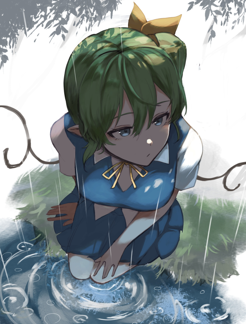 1girl :/ blue_eyes blue_skirt blue_vest bow breasts collared_shirt commentary_request daiyousei fairy_wings from_above full_body grass green_hair hair_between_eyes hair_bow highres looking_to_the_side low_wings lunateelf medium_breasts outdoors pillow pointy_ears rain ripples shirt short_hair short_sleeves side_ponytail sitting skirt skirt_set touhou tree vest water white_shirt wings yellow_bow