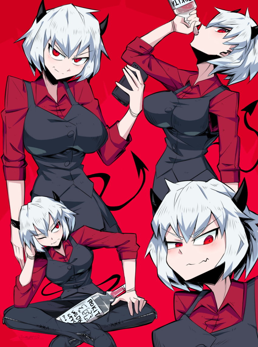 1girl alcohol bangs black_horns black_legwear boots breasts closed_mouth collared_shirt commentary demon_girl demon_horns demon_tail drinking eyebrows_visible_through_hair helltaker highres holding holding_phone horns knee_boots malina_(helltaker) multiple_views pantyhose phone red_background red_eyes red_shirt shimure_(460) shirt short_hair tail wavy_mouth white_hair