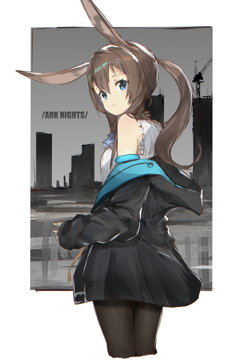 1girl absurdres amiya_(arknights) animal_ears arknights black_jacket black_legwear blue_eyes brown_hair copyright_name cropped_legs from_behind highres jacket long_hair looking_at_viewer looking_back off-shoulder_jacket pantyhose rabbit_ears ryou_(ponpgo) solo white_background