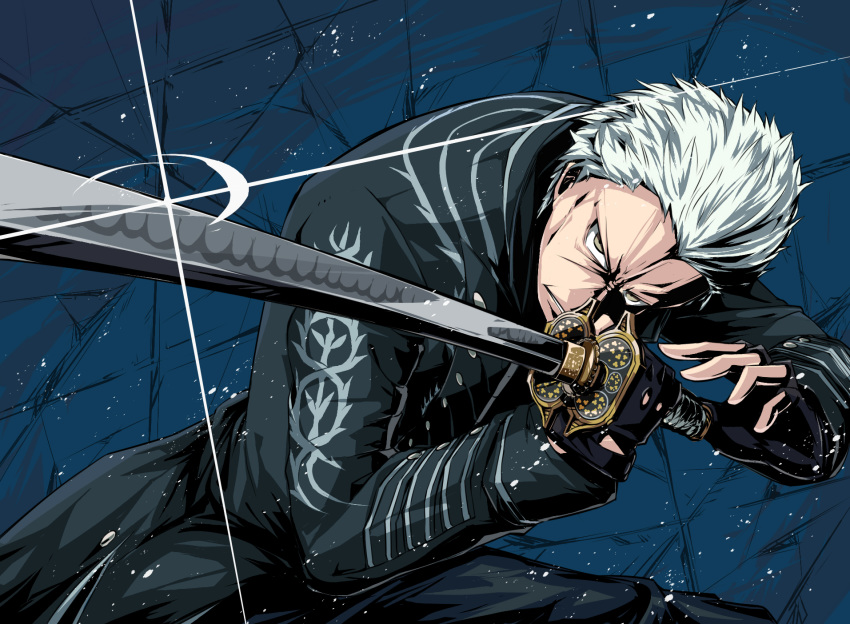 1boy beige_eyes black_coat black_gloves coat commentary_request devil_may_cry devil_may_cry_5 fingerless_gloves glint gloves highres holding holding_sword holding_weapon katana long_sleeves male_focus parted_lips shimure_(460) solo spiky_hair sword teeth vergil weapon white_hair