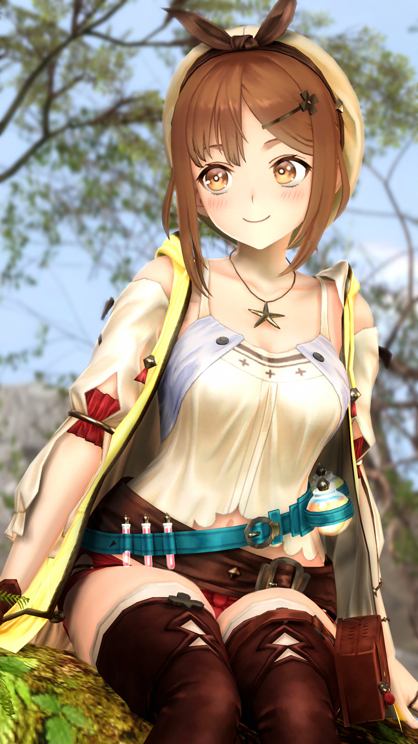 1girl atelier_(series) atelier_ryza bangs belt blue_belt blue_sky bridal_legwear brown_belt brown_eyes brown_gloves brown_hair corp flask gloves hair_ornament highres jacket jewelry leather_belt necklace outdoors red_shorts reisalin_stout round-bottom_flask short_hair short_shorts shorts single_glove sitting sky sleeveless sleeveless_jacket star_(symbol) star_necklace thick_thighs thigh_pouch thighs vial white_headwear yellow_jacket