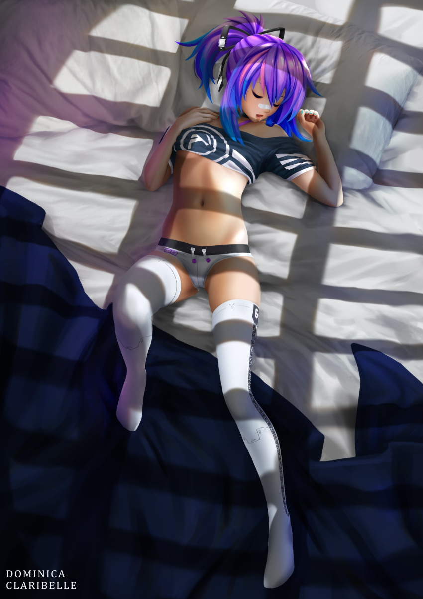 1girl absurdres bandaid bandaid_on_nose bed blanket bow breasts dclaribelle drooling highres melody_(projektmelody) navel open_mouth pillow ponytail projektmelody purple_hair short_shorts shorts sleeping small_breasts tank_top thigh-highs under_boob white_shorts