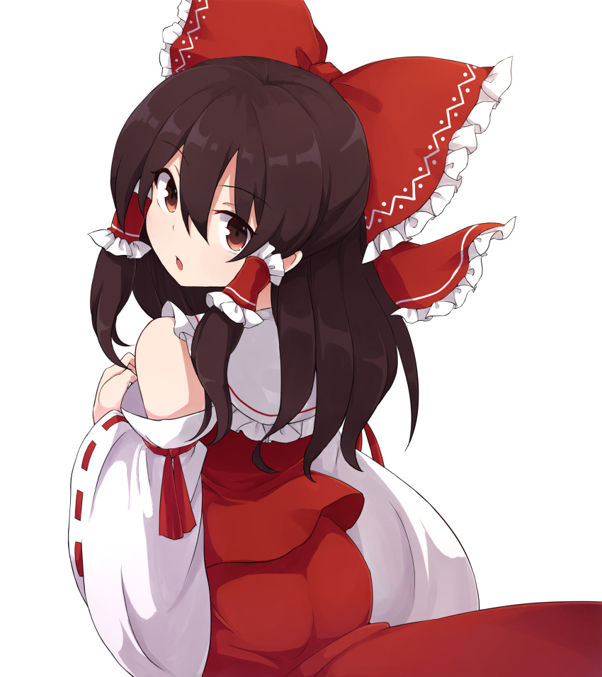 1girl ass bangs bow brown_eyes brown_hair detached_sleeves eyebrows_visible_through_hair from_behind hair_between_eyes hair_bow hair_tubes hakurei_reimu highres long_hair long_sleeves looking_at_viewer looking_back open_mouth red_bow red_skirt ribbon-trimmed_sleeves ribbon_trim rizento sidelocks simple_background skirt solo touhou white_background wide_sleeves