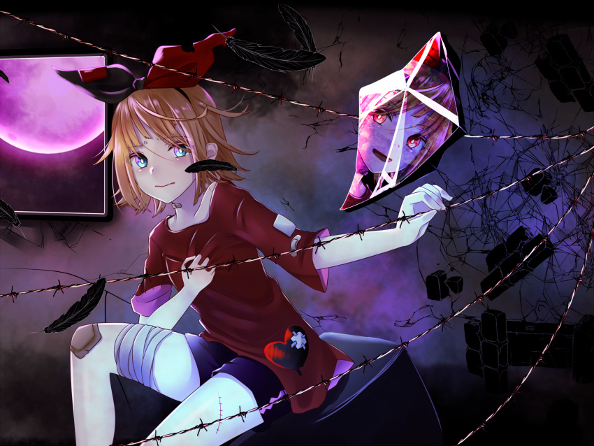 1girl :d asymmetrical_sleeves bandaged_leg bandages bandaid black_bow black_feathers black_hairband black_shorts blonde_hair blue_eyes bow bow_hairband closed_mouth collarbone different_reflection dual_persona hair_bow hairband highres kagamine_rin long_hair moon open_mouth ponta_(poqpon) red_bow red_eyes red_shirt reflection shiny shiny_hair shirt short_hair short_shorts shorts smile two-tone_bow vocaloid