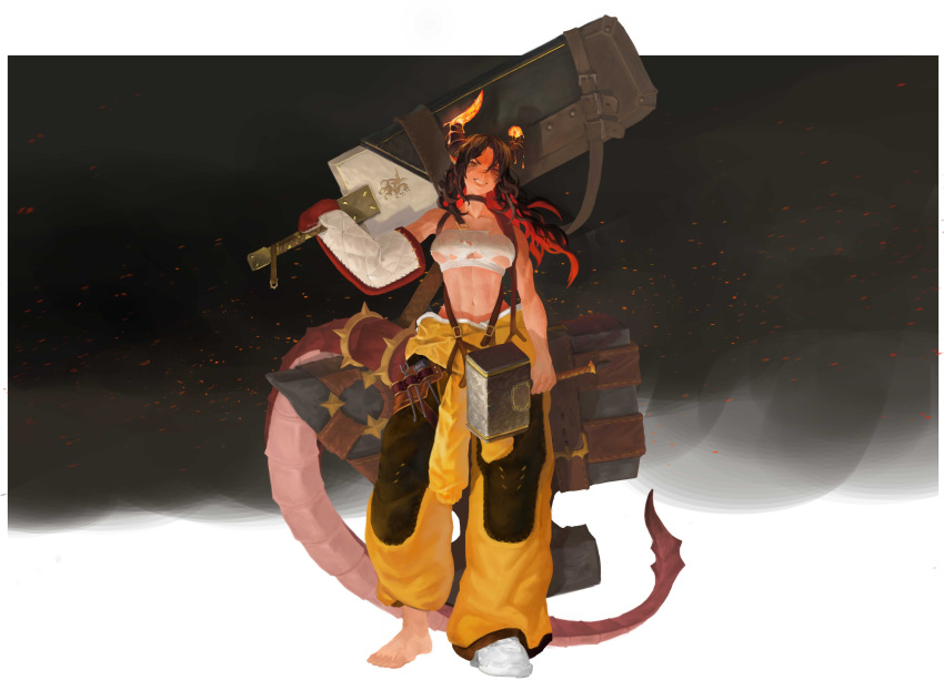 1girl abs absurdres anvil arkimedes bare_shoulders barefoot black_choker black_hair blacksmith broken broken_horn choker dragon_girl dragon_horns dragon_tail dual_wielding embers facial_mark greatsword hammer highres holding holding_hammer holding_sword holding_weapon horns huge_weapon long_hair molten_rock multicolored multicolored_hair muscle muscular_female navel original over_shoulder pointy_ears redhead slit_pupils smile solo sweat sword sword_over_shoulder tail teeth toenails tools torn_clothes weapon weapon_over_shoulder