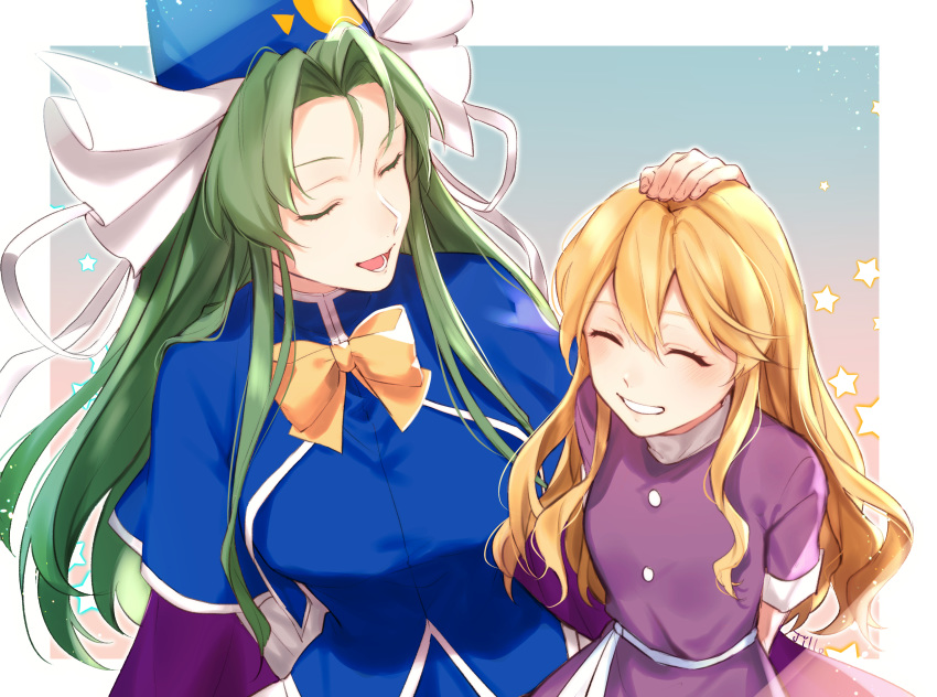 2girls absurdres arm_at_side arms_behind_back bangs blonde_hair blue_capelet blue_dress blue_headwear blush bow bowtie buttons capelet closed_eyes dress facing_another green_hair grin hair_between_eyes hair_intakes hand_on_another's_head hand_up happy hat hat_bow hat_ribbon highres jill_07km kirisame_marisa kirisame_marisa_(pc-98) long_hair mima multiple_girls open_mouth petting purple_dress ribbon sash short_sleeves sidelocks smile star_(symbol) sun_print touhou touhou_(pc-98) white_bow white_ribbon white_sash wizard_hat yellow_bow yellow_neckwear