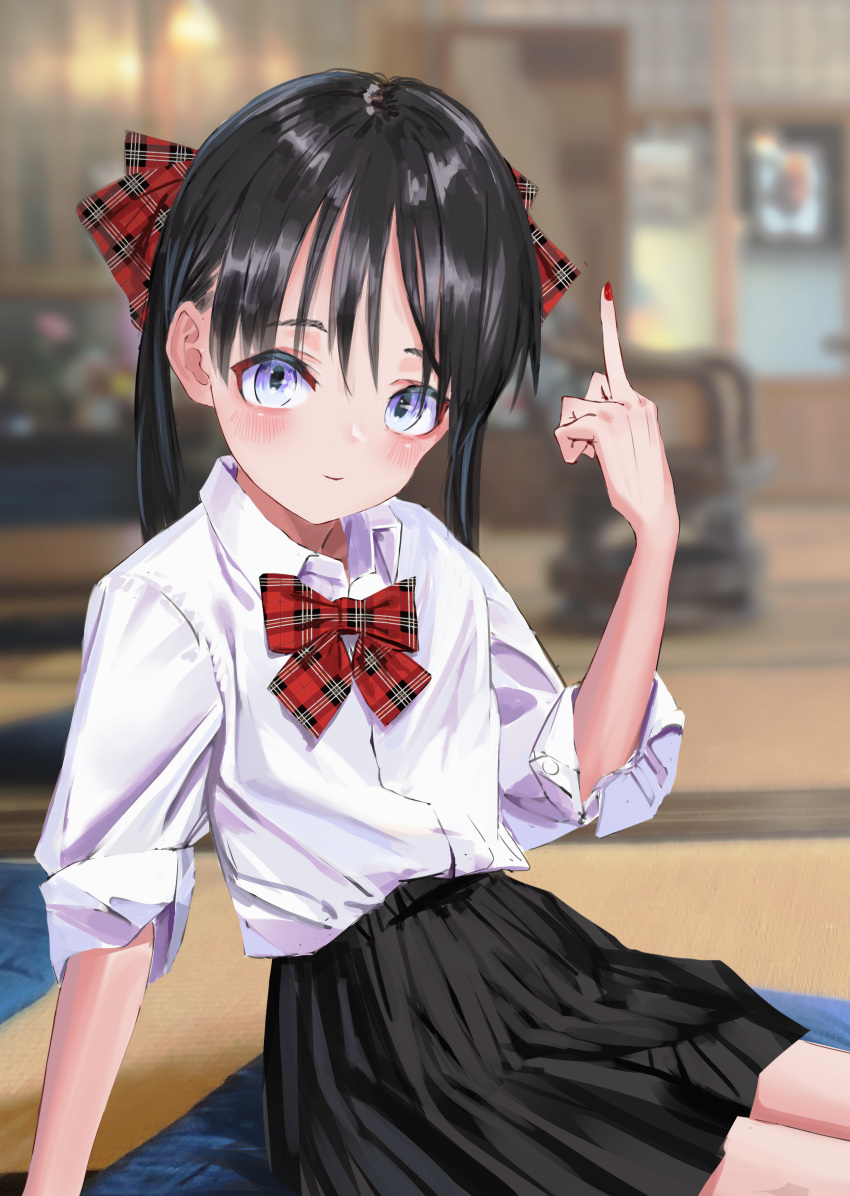 1girl absurdres black_hair black_skirt bow bowtie closed_mouth collared_shirt hair_bow hand_up highres looking_at_viewer middle_finger nadegata original photo_background pleated_skirt red_bow red_neckwear shirt short_sleeves sitting skirt smile solo twintails violet_eyes white_shirt wing_collar
