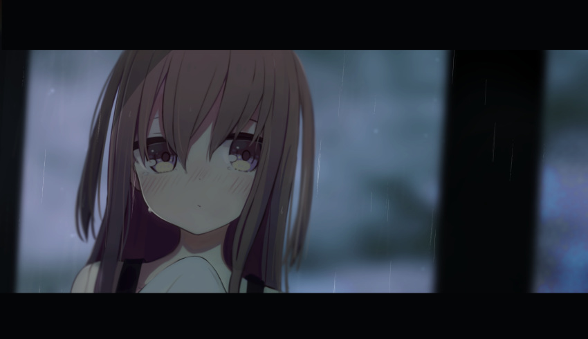 1girl bangs bare_shoulders blue_eyes blurry blurry_background blush brown_hair closed_mouth commentary_request depth_of_field eyebrows_visible_through_hair hair_between_eyes highres letterboxed long_hair looking_at_viewer nose_blush okota_mikan original rain solo two_side_up upper_body