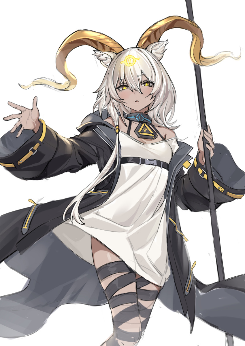 1girl absurdres animal_ears arknights beeswax_(arknights) breasts bright_pupils collar dark_skin dress expressionless hair_between_eyes highres horns jacket kyo_(krokikyon) long_hair open_clothes open_jacket parted_lips short_dress simple_background small_breasts solo thigh_strap white_background white_dress white_hair yellow_eyes