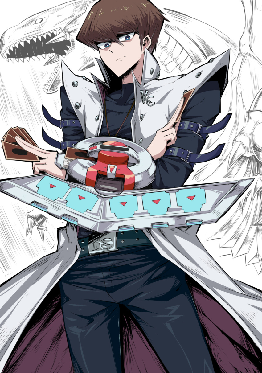 1boy arm_belt bangs belt belt_buckle black_pants blue-eyes_white_dragon blue_eyes brown_hair buckle card closed_mouth commentary_request cowboy_shot crossed_arms duel_disk duel_monster hair_between_eyes highres holding holding_card jewelry kaiba_seto long_sleeves looking_down male_focus necklace pants partially_colored shimure_(460) shiny shiny_hair yuu-gi-ou