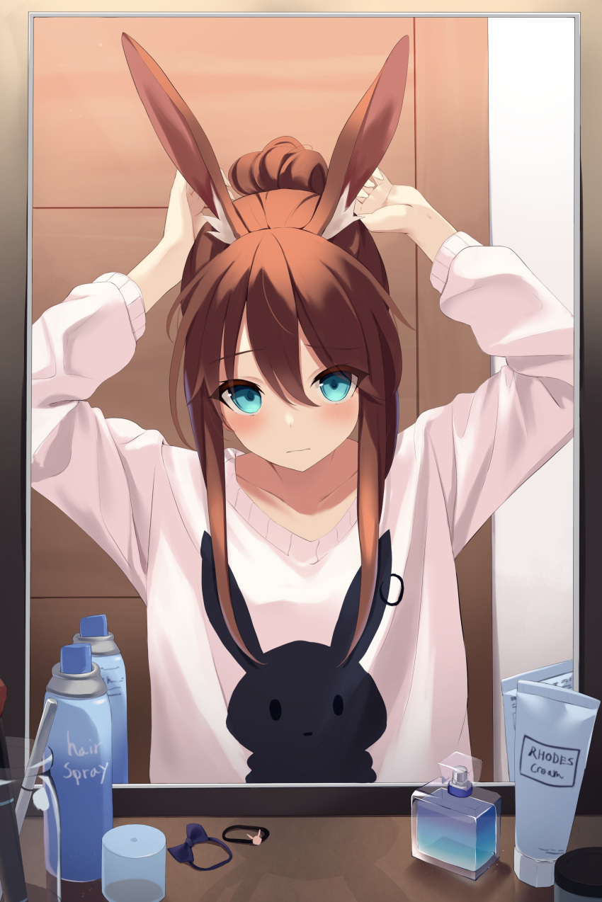 1girl absurdres alternate_costume amiya_(arknights) animal_ears animal_print arknights arms_up bangs blue_eyes brown_hair bunny_print commentary_request eyebrows_visible_through_hair hair_between_eyes highres long_hair looking_at_viewer mirror mizu_(lzzrwi603) print_sweater rabbit_ears reflection sidelocks solo sweater upper_body white_sweater