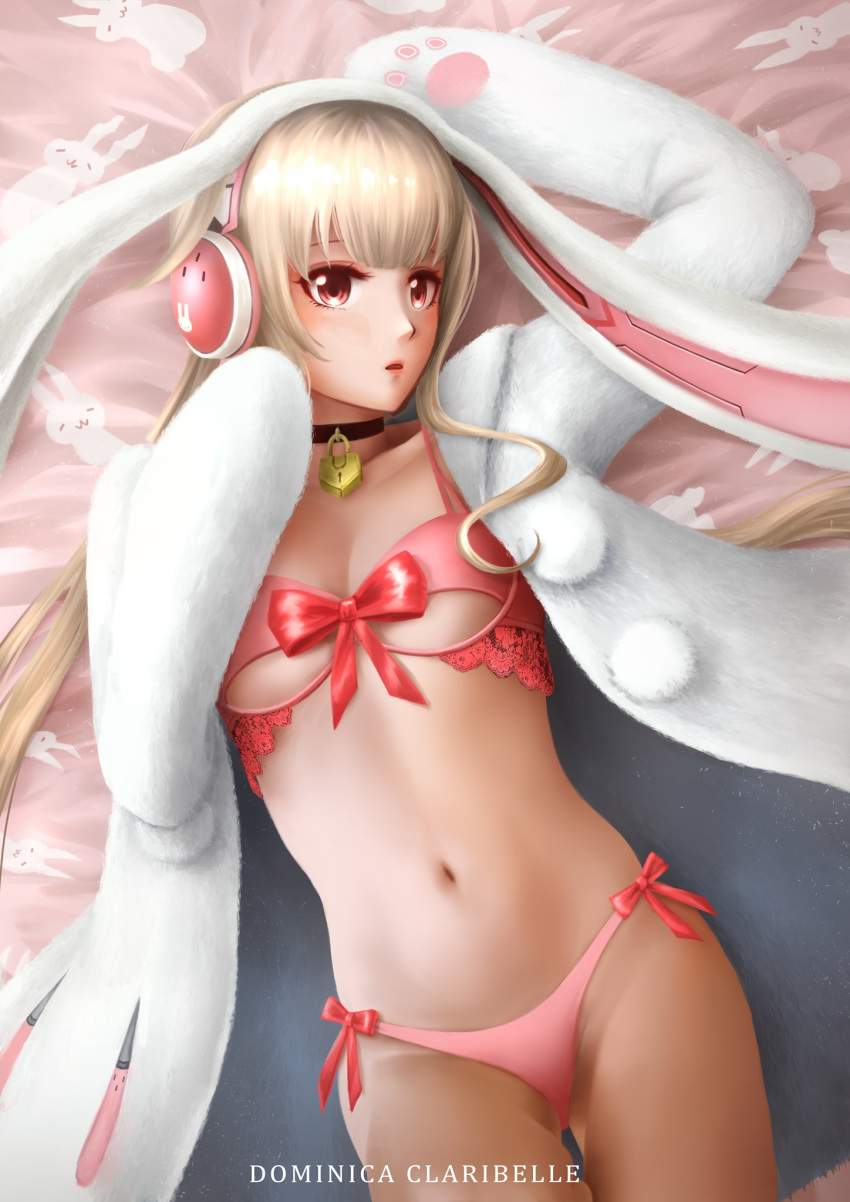 1girl animal_ears bikini black_choker blonde_hair bow bra character_request choker copyright_request dclaribelle headphones highres hood hoodie lingerie lock long_hair navel panties patterned_clothing pink_panties rabbit_ears red_bow red_eyes swimsuit underwear