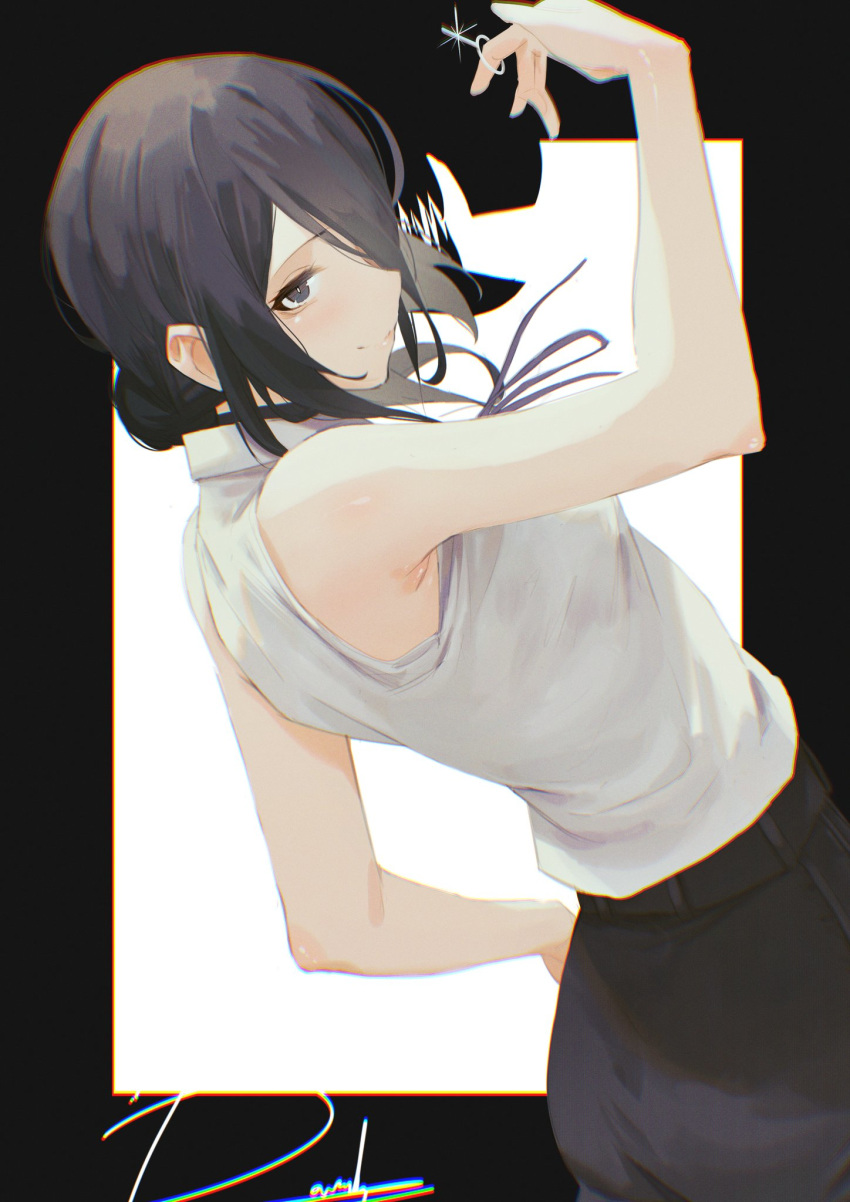 1girl bare_shoulders black_choker black_eyes black_hair black_ribbon black_shorts breasts chainsaw_man choker collared_shirt darah eyebrows hair_between_eyes hair_bun highres looking_at_viewer medium_breasts medium_hair reze_(chainsaw_man) ribbon shirt shirt_tucked_in shorts simple_background sleeveless smile solo white_shirt