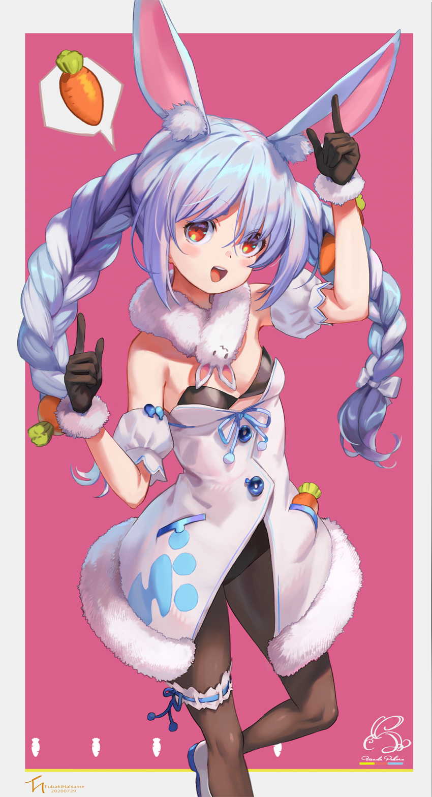 1girl animal_ears arm_cuffs arm_up bangs black_gloves black_legwear blue_hair blush braid breasts carrot carrot_hair_ornament dress food_themed_hair_ornament fur-trimmed_dress fur-trimmed_gloves fur_scarf fur_trim gloves hair_ornament hair_ribbon harusame_tsubaki highres hololive long_hair multicolored_hair open_mouth orange_eyes pantyhose rabbit_ears ribbon simple_background small_breasts solo thigh_strap twin_braids two-tone_background usada_pekora virtual_youtuber