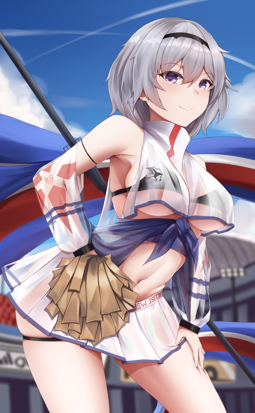1girl absurdres armpits azur_lane bangs bare_shoulders black_bra black_hairband blue_sky blurry blurry_background blush bra breasts cheerleader clouds commentary cowboy_shot crop_top crop_top_overhang day eagle_union_(emblem) eyebrows_visible_through_hair flag grey_hair groin hair_between_eyes hairband hand_on_own_thigh highres holding holding_pom_poms large_breasts looking_at_viewer midriff navel parted_hair pom_poms purple_sash reno_(azur_lane) reno_(biggest_little_cheerleader)_(azur_lane) sash see-through see-through_skirt see-through_sleeves sheer_clothes shirt short_hair sidelocks skindentation skirt sky sleeveless smile solo stadium standing suzishi_ovo under_boob underwear violet_eyes